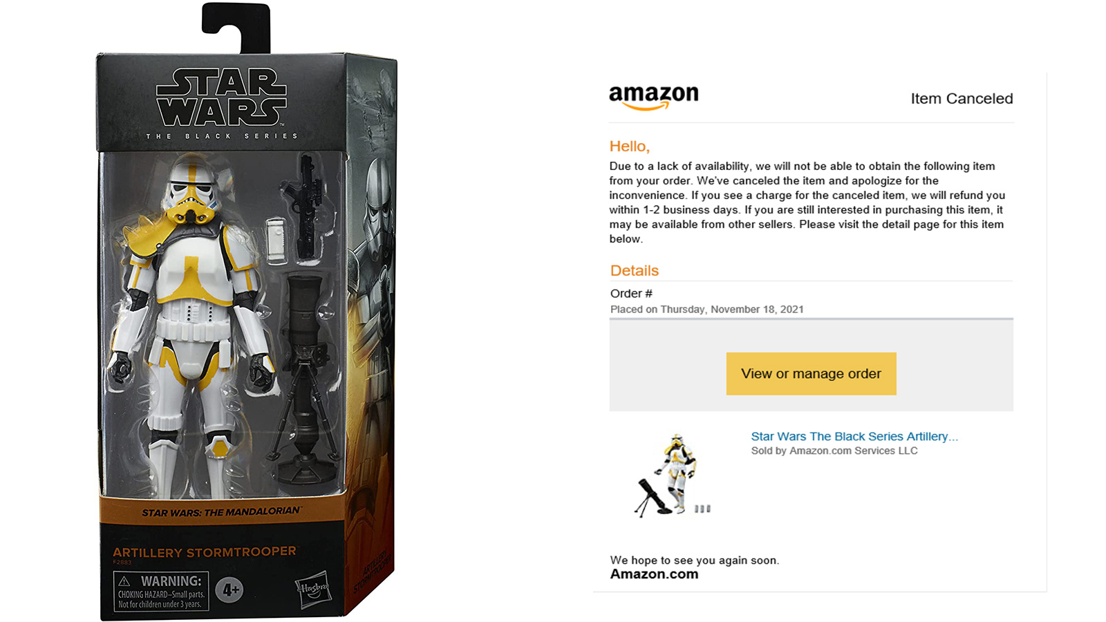 Amazon Sending Out Cancellation Notices For Remaining Preorders Of Their Exclusive TBS 6-Inch Artillery Stormtrooper