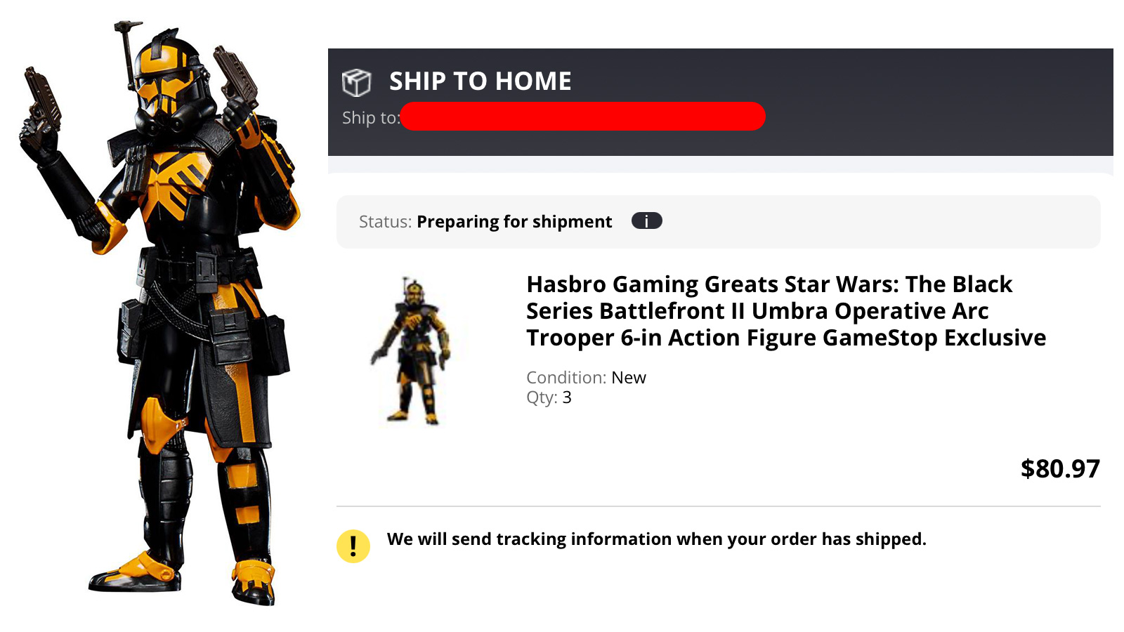 Preparing For Shipment - Preorders Of Game Stop Exclusive TBS 6-Inch Gaming Greats Umbra Operative Arc Trooper Figure
