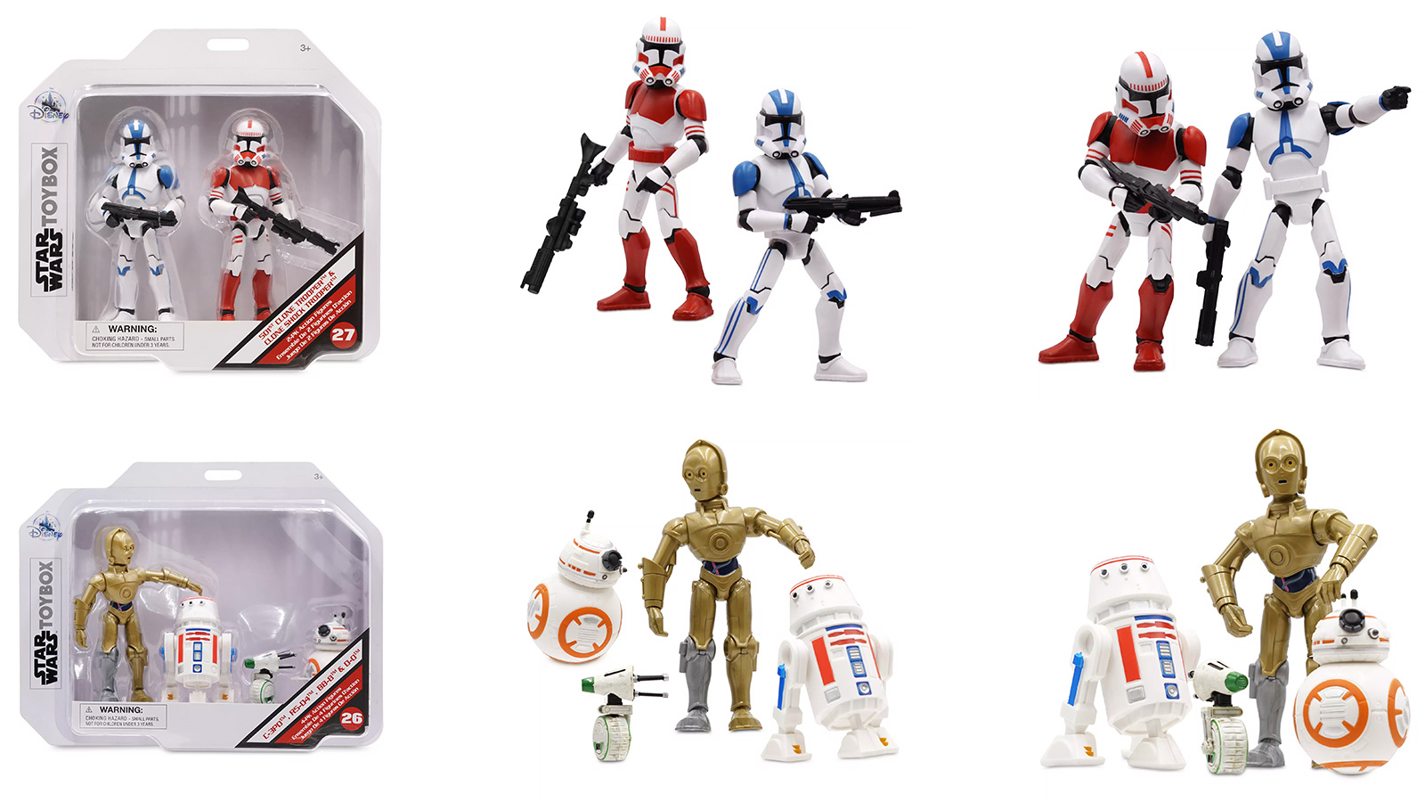 New Disney Exclusive Star Wars TOYBOX Droid Set And 501st Clone Trooper And Clone Shock Trooper Set